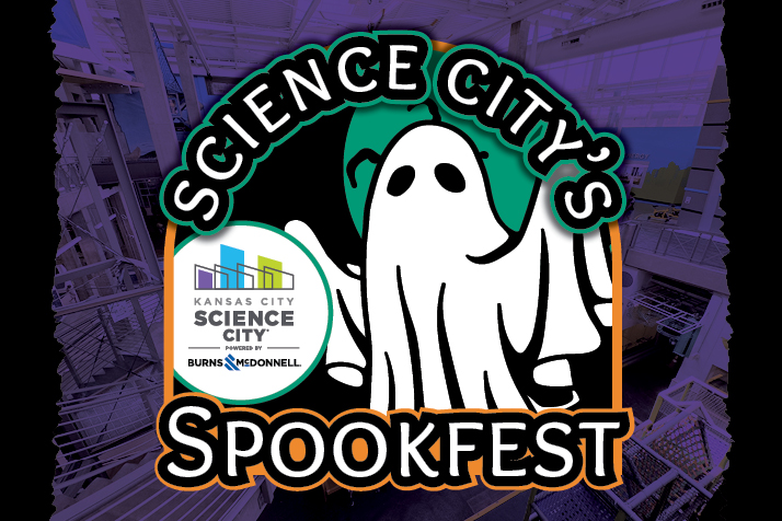 Promotional graphic for Spookfest inside of Science City. Featuring a ghost with the Spookfest logo.